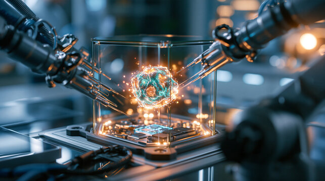 Pulsing bioluminescent cell mass in soft teal and amber tones suspended inside a hexagonal glass chamber, precise robotic arms with fine instruments arranged around it, bright ster