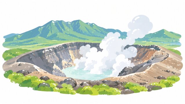 噴煙を上げる活火山とエメラルドグリーンの火口湖の風景イラスト
