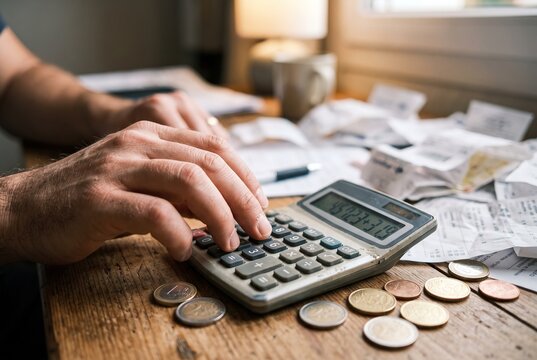 A person calculates expenses with a calculator while sitting at a wooden table. Receipts and coins are scattered around, showing activity related to finance