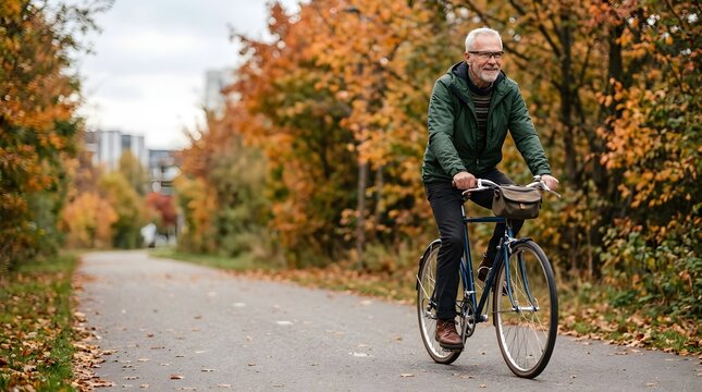 Smiling senior man with grey hair wears green jacket while riding blue bicycle on paved path during bright autumn day