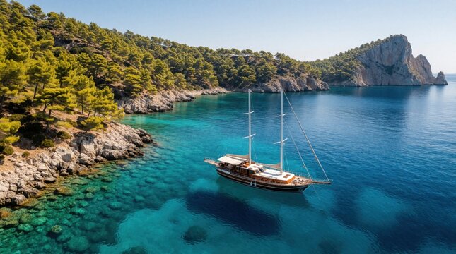 Aerial view of luxury wooden gulet yacht in turquoise Aegean Sea. Traditional Turkish boat anchors near rocky coast with green pine forest. Blue ocean water, scenic mediterranean bay landscape.