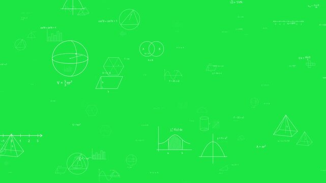 White Hand Drawn Math Formulas and Geometry Doodles Flying Through on Green Screen. 3D Flythrough of Equations, Graphs and Shapes. Education Science Chroma Key Background