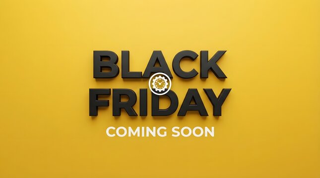 Black friday coming soon 3d text design with a clock gear icon on a vibrant yellow background