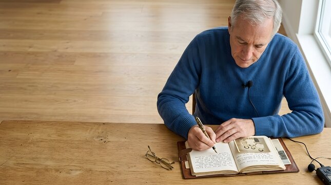 Focused elderly man wearing blue sweater writes in a leather journal using a fountain pen near his vintage eyeglasses today