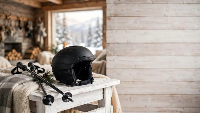 Black ski helmet and poles on a rustic wooden table in a cozy mountain cabin