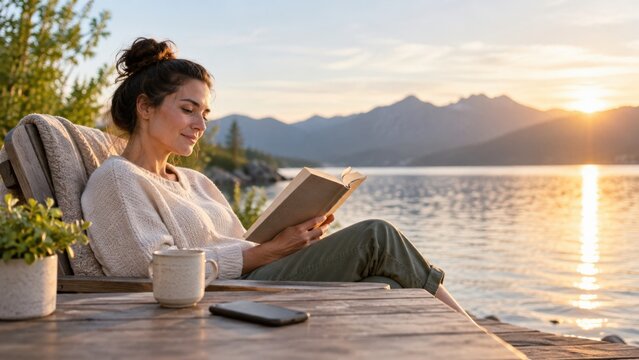 A Serene Moment by the Lake: A Young Woman Enjoys a Book While Relaxing at Sunset, Surrounded by Nature's Beauty and Tranquility
