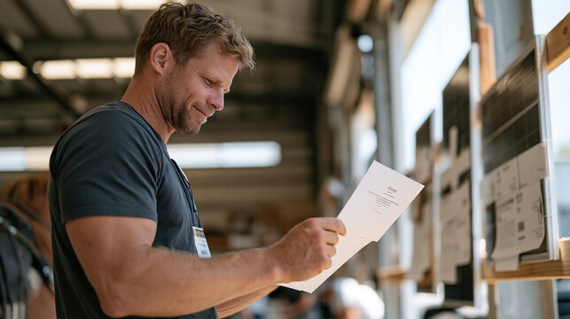 Horseback mounted archery instructor comparing a solar panel cleaning sample to a reference sheet inside an industrial warehouse bay, a name tag badge detail visible on the