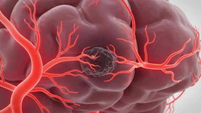 Detailed anatomical illustration of a human brain with visible blood vessels and stem