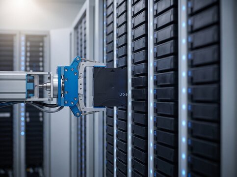 Robotic gripper arm inserting an LTO 9 magnetic tape cartridge into a high-density storage server rack in a modern automated data center library