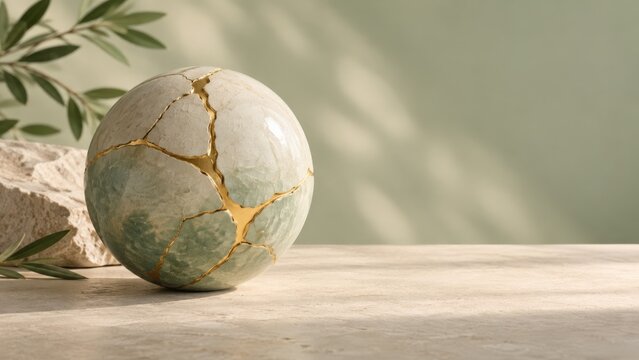 A Beautifully Cracked Sphere with Golden Kintsugi Accents on a Serene Light Green Background, Highlighting the Art of Repair and Natural Aesthetics