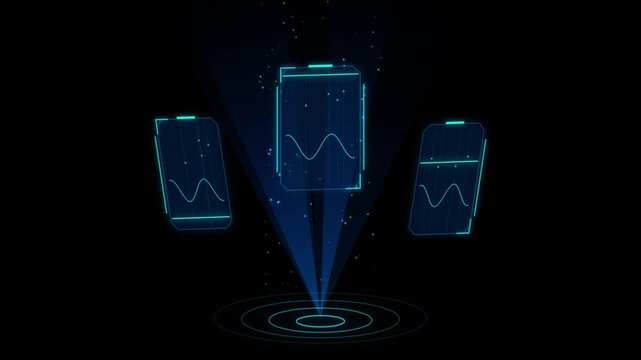 Futuristic blue hologram projection of three HUD screens displaying digital waveforms on black