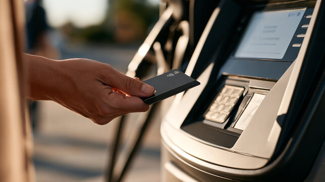 Close up of a contactless payment card tap on a modern fuel pump terminal, digital transaction approval screen, cashless fuelling infrastructure, fintech payments in automotive