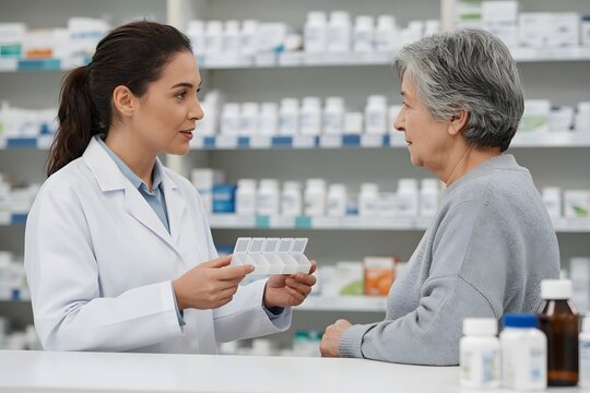 Pharmacist explaining a pill organizer to a customer