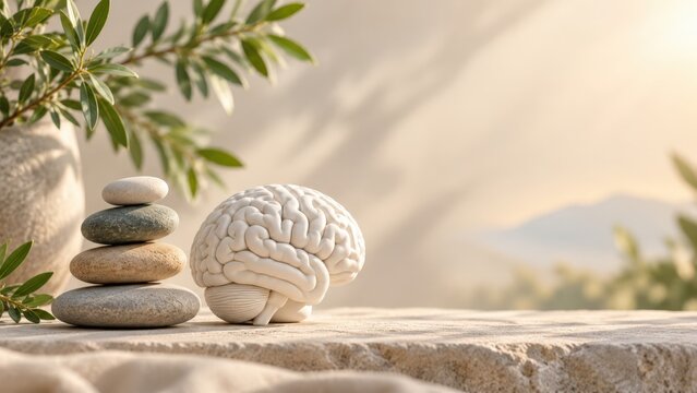 Exploring the Harmony Between Nature and Mind: A Serene Arrangement of Stones with a Cerebral Sculpture Symbolizing Calmness and Clarity