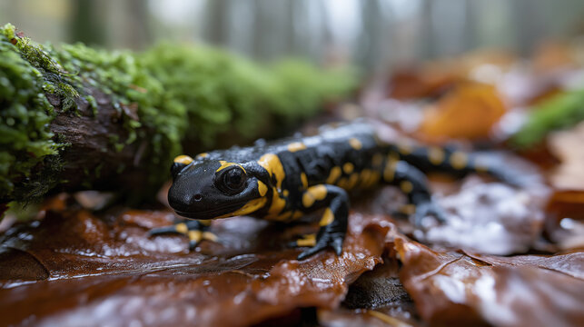 Fire salamander on wet leaves in forest