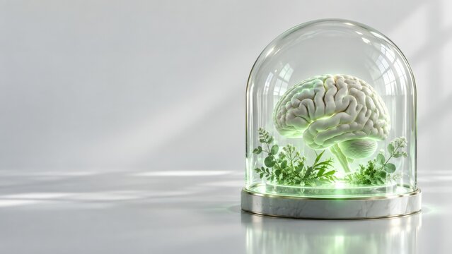 A Futuristic Conceptualization of a Human Brain Encased in Glass with Lush Greenery, Symbolizing Growth, Intelligence, and the Harmony of Nature and Science