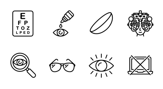Eye Care Icons Set: Vision Test Chart, Drops, Contact Lens, Exam Machine, Glasses, Laptop