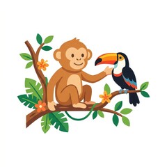 Fototapeta premium Cute monkey and toucan on jungle branch vector illustration