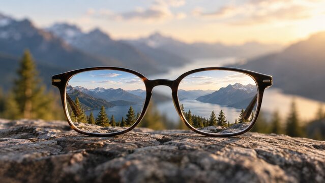 A Pair of Glasses Framing a Stunning Mountain Landscape with a Serene Lake, Fir Trees, and Dramatic Clouds at Sunset