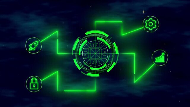Futuristic green HUD interface with digital technology network icons and business startup concept