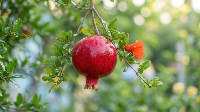 A ripe pomegranate hanging on the branch.