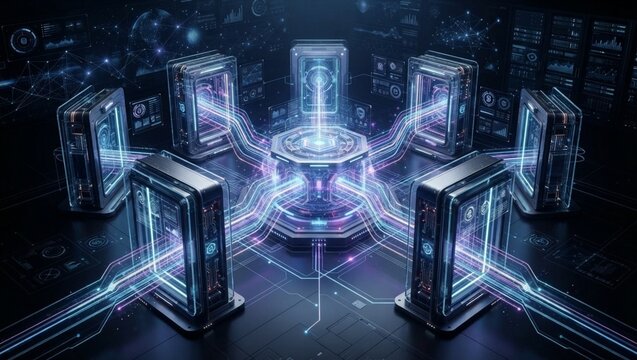 Modern futuristic server network connected through glowing digital infrastructure system
