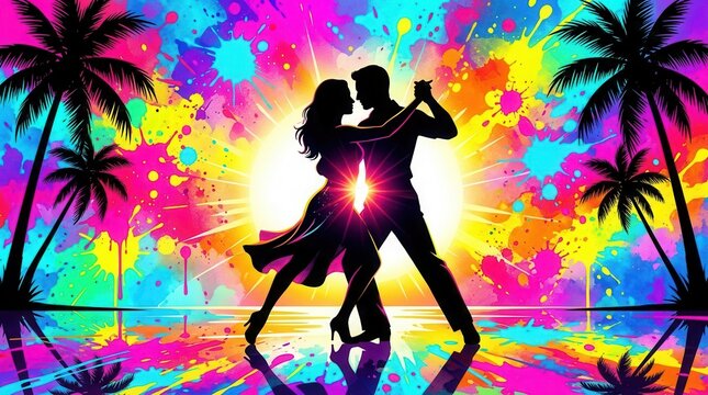 Couple dancing salsa in front of a tropical sunset background
