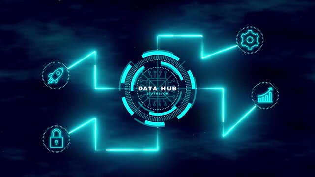Futuristic Data Hub Network with Digital Analytics and Technology Icons