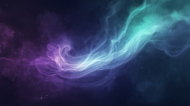 Futuristic Deep Space Background with Dark Purple, Blue and Green Nebula, Glowing Light Trails, Atmospheric Mist and Floating Asteroids.