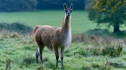 Fototapeta premium A brown llama stands alert in a lush green field with trees and soft natural lighting in the background