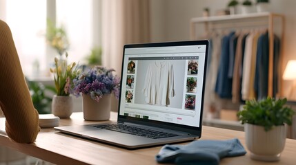 Fototapeta premium A laptop displaying a clothing product page on a wooden desk surrounded by potted plants and a clothing rack in the background
