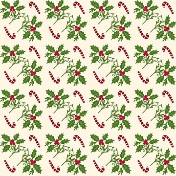 Christmas seamless pattern with holly leaves, red berries, and candy canes on cream background