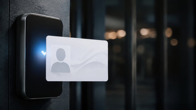 Customizable card id beside glowing access reader in dark modern building entrance