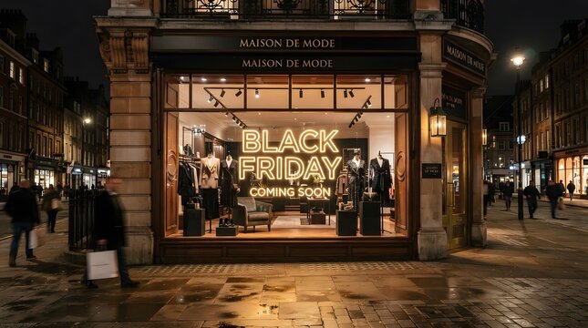 Nighttime street view of a luxury fashion boutique storefront with a glowing neon black friday coming soon sign in the window display