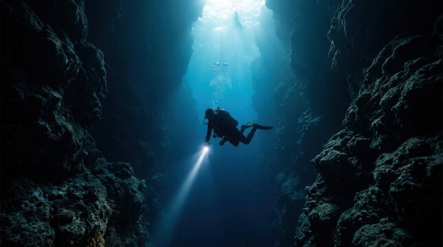 Diver exploring a deep sea trench illuminated by their flashlight ocean and marine life concept with copy space