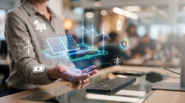 Business analyst interacting with renewable energy holographic data in a modern office
