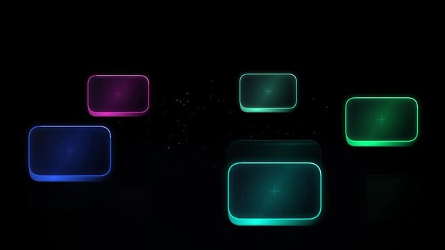 Glowing neon futuristic interface buttons floating and shifting on a dark reflective surface