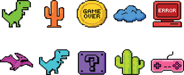 Colorful Retro Pixel Art Video Game Vector Icon Set Featuring Dinosaurs Cactus Game Over Coin Error Monitor and Controller Design Elements  © MstMonjila
