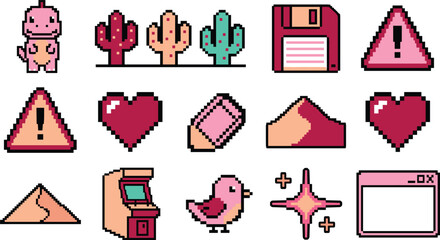 Retro Pixel Art Game Vector Icon Set Featuring Dinosaur Cactus Floppy Disk Heart Arcade Machine and Browser Window for Nostalgic Tech Designs  © MstMonjila