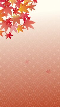 Vertical Japanese autumn background looping animation with swaying and falling red maple leaves on orange pattern
