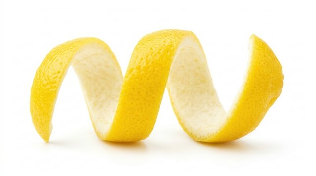 Close-up of a lemon peel or lemon twist on white background.