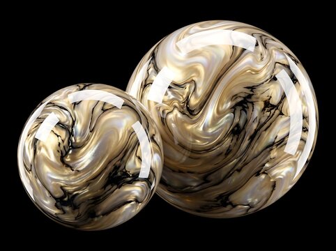 Two shiny liquid metallic spheres with gold and silver swirls illustration