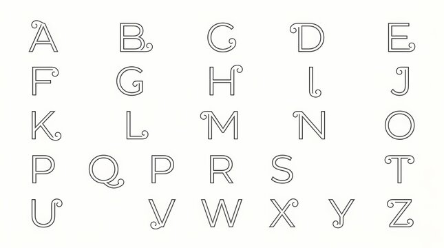 Decorative alphabet typography set featuring cursive scroll embellishments on every letter to provide a creative vintage flair for educational materials posters branding projects and scholastic