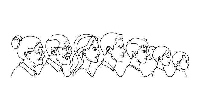 Generations Family Line Art, Diverse People Profile Silhouettes, Human Life Stages Vector