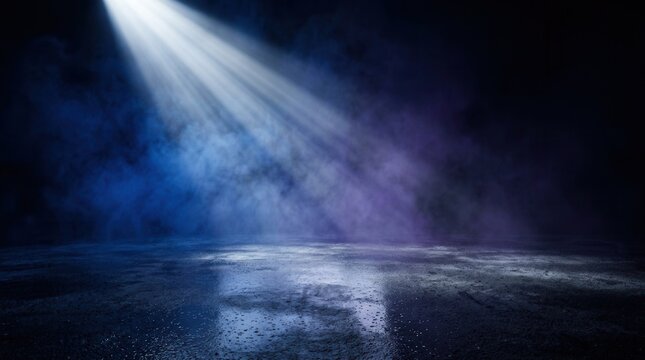 Cinematic stage background with spotlight and blue smoke over textured floor with purple haze for product display