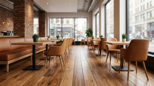 Modern caf&eacute; interior featuring polished wood floors, comfortable upholstered seating, and natural decor accents