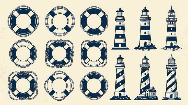 Nautical navigation equipment collection featuring traditional lifebuoy rings and tall coastal lighthouse structures for maritime voyages and safety guidance across vast open ocean waters and