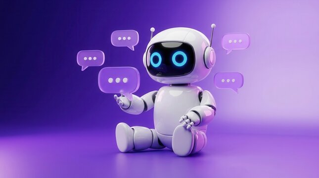Cute white robot chatting with speech bubbles on purple background