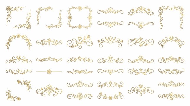 Set of gold flourish scroll dividers and corner frames for ornate page decorations and classic stationery layout designs featuring decorative calligraphic elements for formal invitations and
