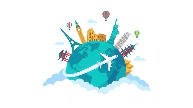 Travel concept with an airplane around the globe featuring famous world landmarks, colorful hot air balloons, and soft white clouds in a clean flat illustration style.